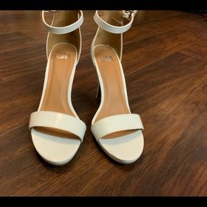 White ankle strap heels